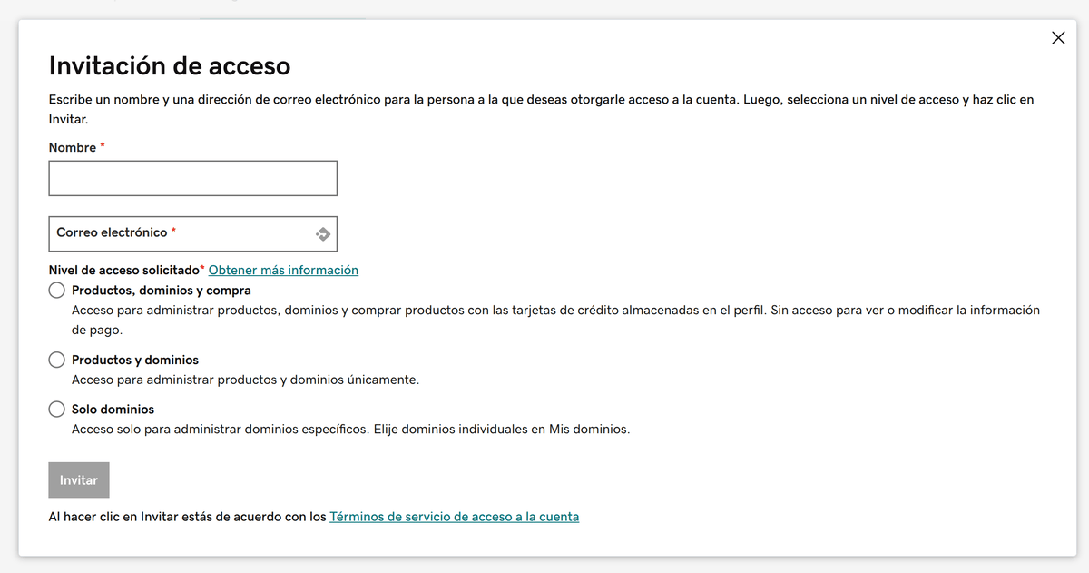 En el formulario de invitación de acceso podemos incluir el nombre y el correo electrónico del usuario.