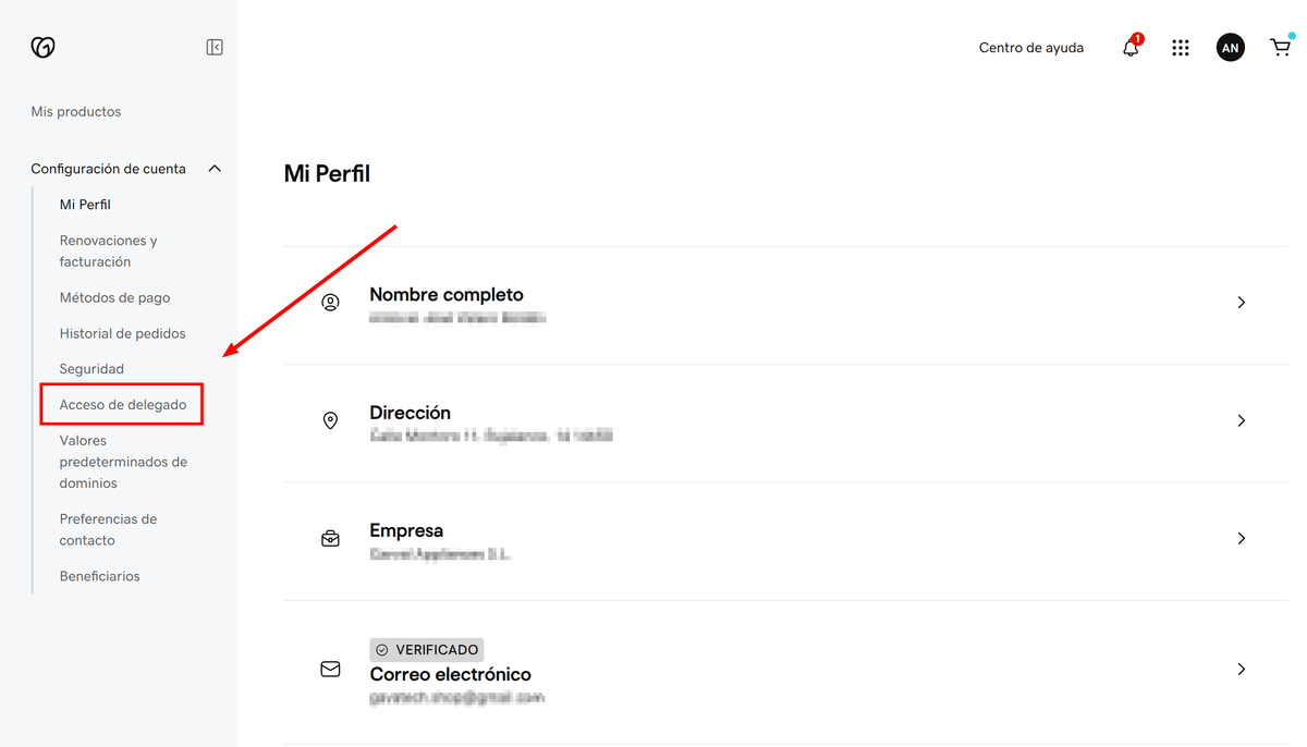 En la configuración de cuenta de Godaddy podremos gestionar los accesos delegados que tenemos en nuestra cuenta.