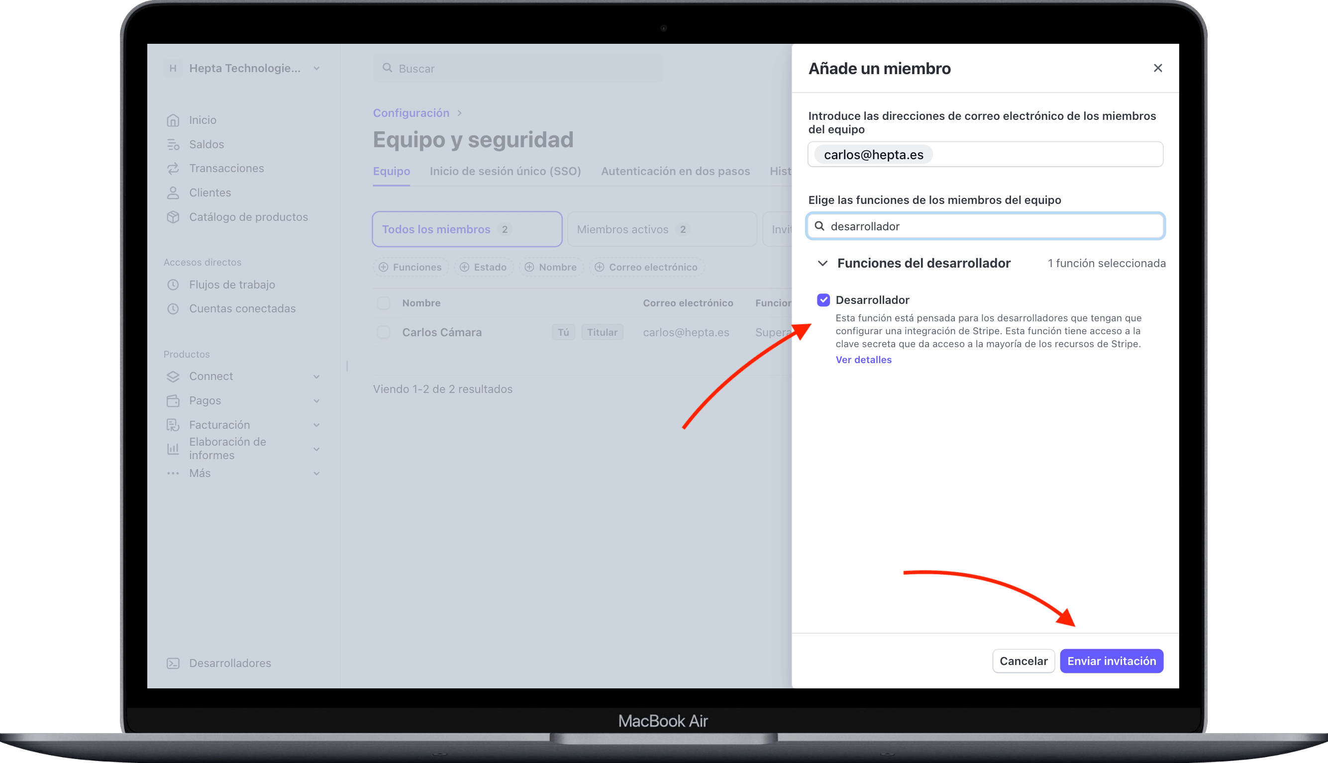 Macbook Air invitar desarrollador.stripe